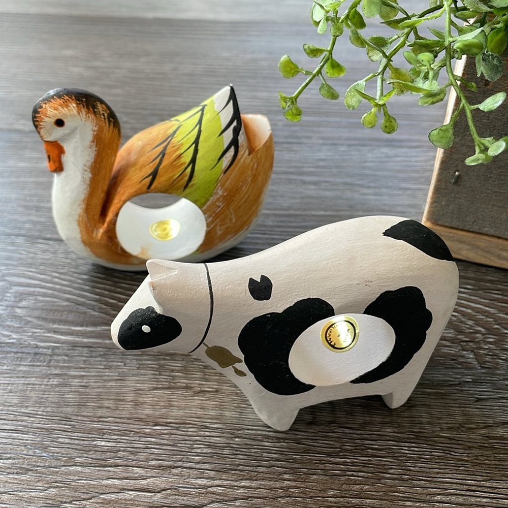 Farmhouse Napkin Rings Cow and Duck Primitive Wood Carved Animal